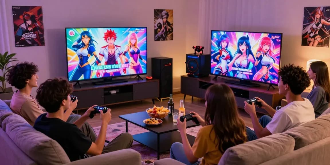 Friends enjoying interactive hentai games online in a cozy living room setting.