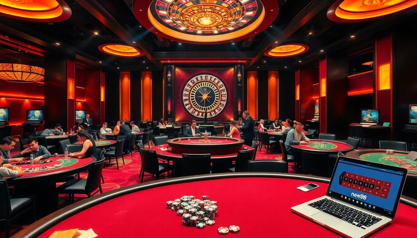 Experience thrilling gameplay at new88's vibrant casino tables with excited players and luxury decor.