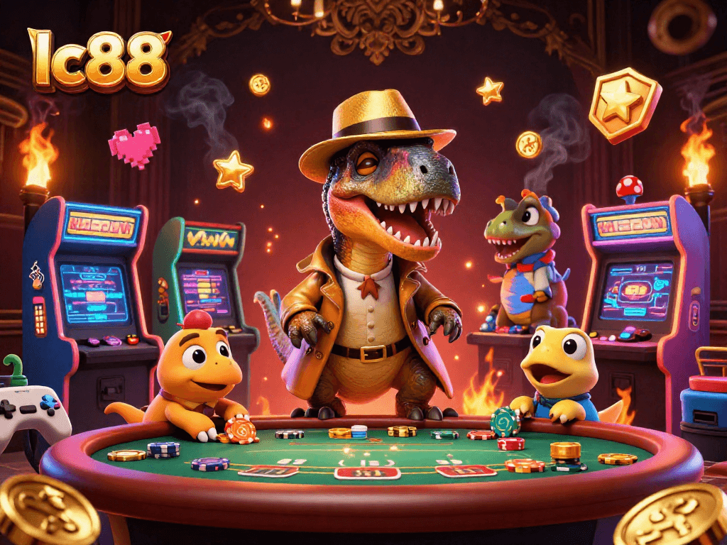 Experience excitement at lc88 with a cartoon velociraptor hustling at a blackjack table in a rich casino setting.