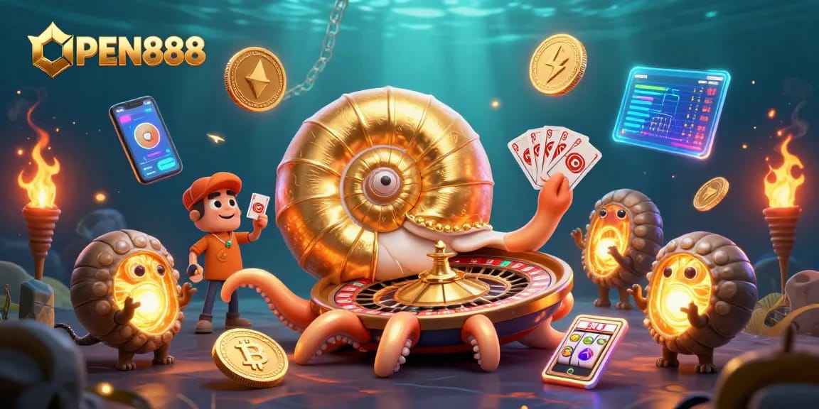 Engage with OPEN888 in a vibrant 3D casino world filled with Bitcoin, Ethereum coins, and classic slot elements.