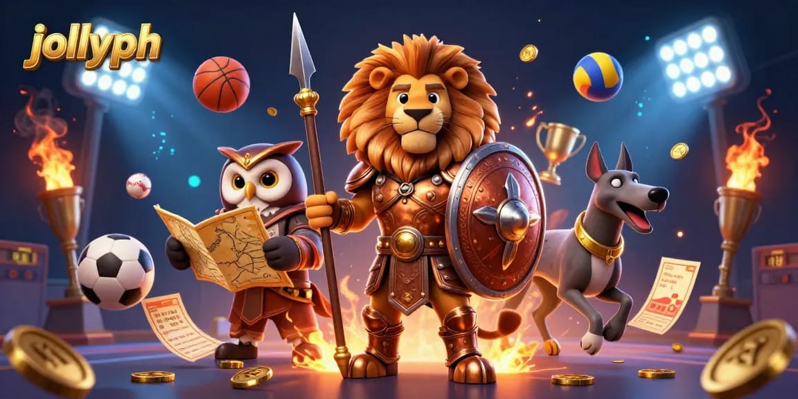 Engage with jollyph's thrilling sports betting scene featuring a heroic lion, owl strategist, and dynamic sports elements.