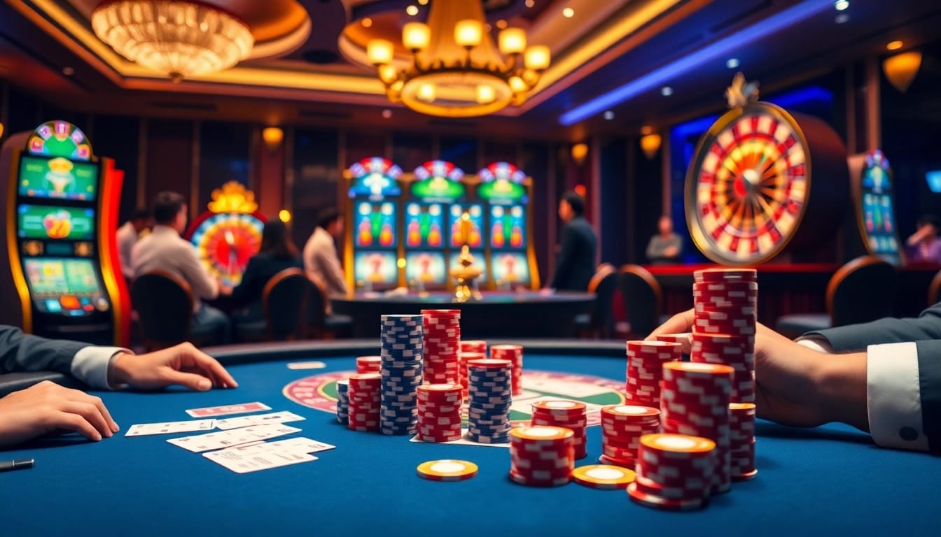 Join the excitement at QH88 with engaging casino games featuring poker chips and a roulette wheel.