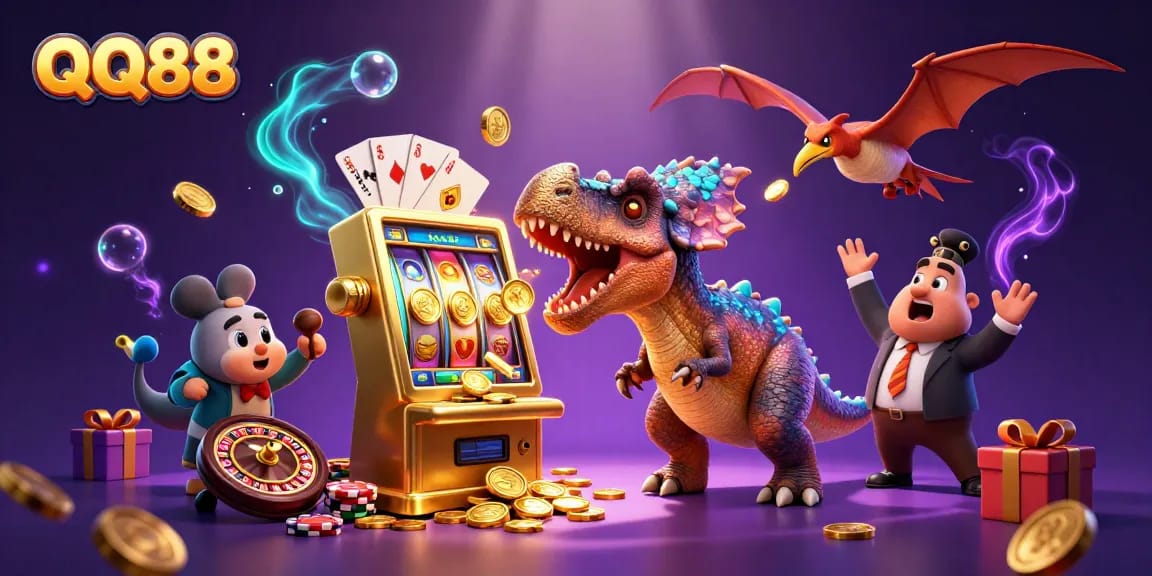 Experience the thrill of QQ88 as a pachycephalosaurus hits a golden slot machine amid a vibrant casino scene.
