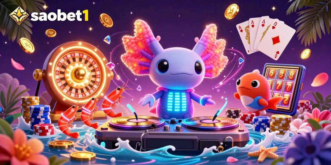Lucky spins at saobet1 with a vibrant axolotl DJ and energetic sea creatures in a colorful casino scene.