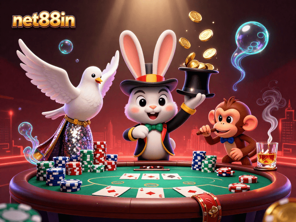 Experience thrilling action with net88in as the magician rabbit conjures coins amidst vibrant poker elements.