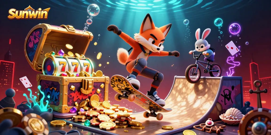 Experience the thrill of sunwin with a vibrant 3D illustration showcasing casino excitement and gameplay elements.