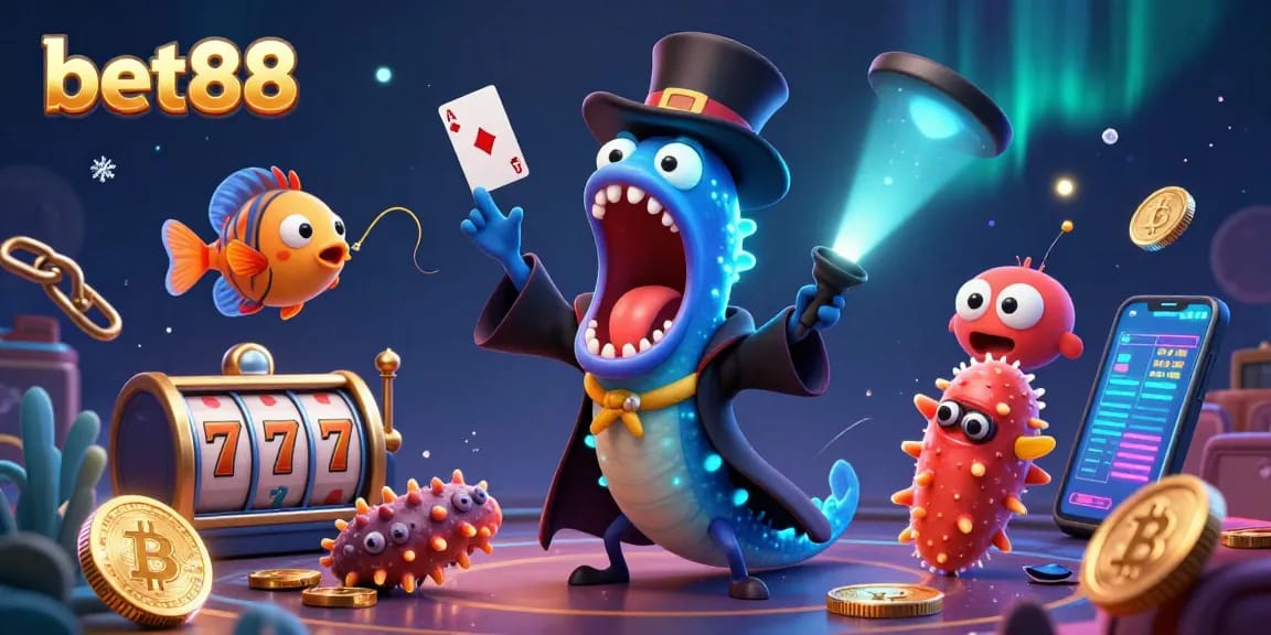 Engage in thrilling card tricks at bet88 with gambling-themed sea creatures in a vibrant 3D casino scene.