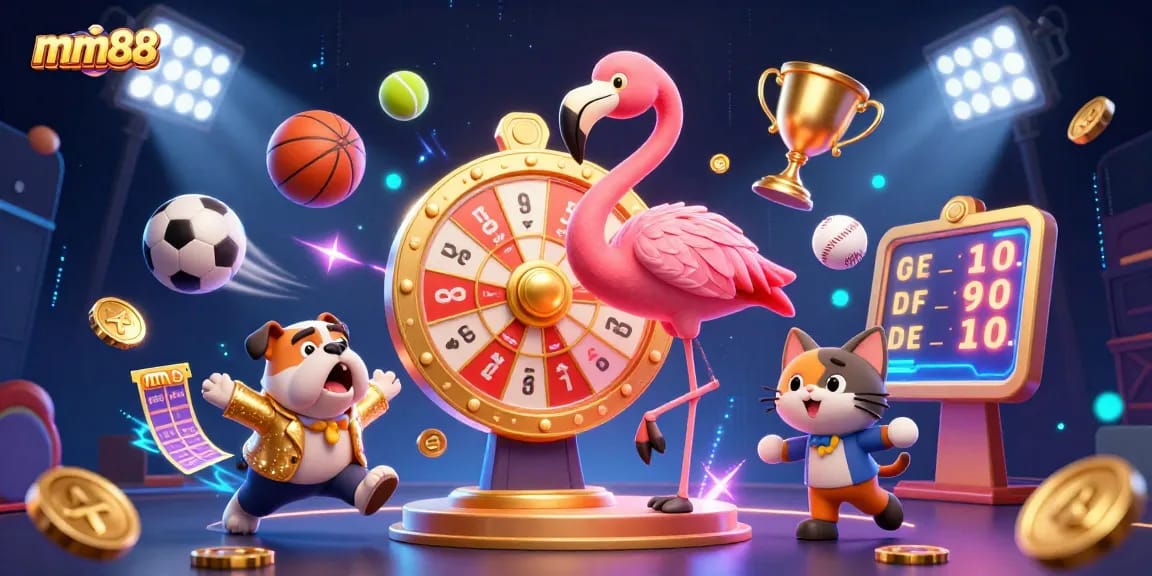 Experience the thrill of mm88 with an exciting scene of a game show host spinning a prize wheel amid dynamic gambling elements.