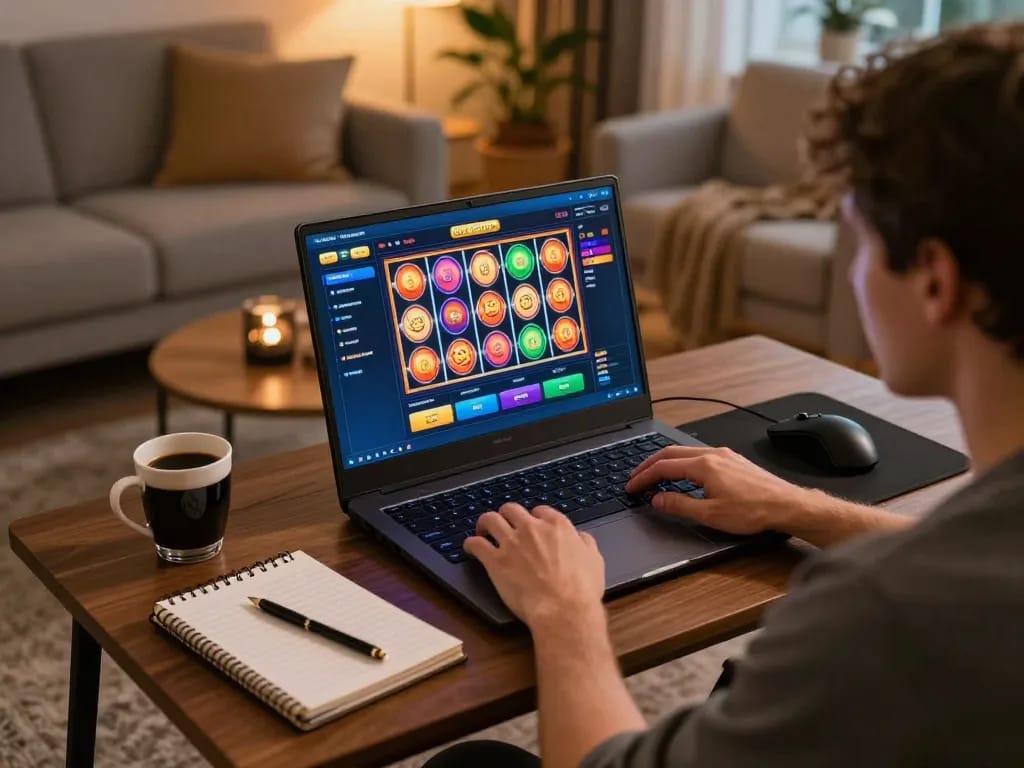 Engaging in shbet online gaming with vibrant slot reels in a cozy home setup