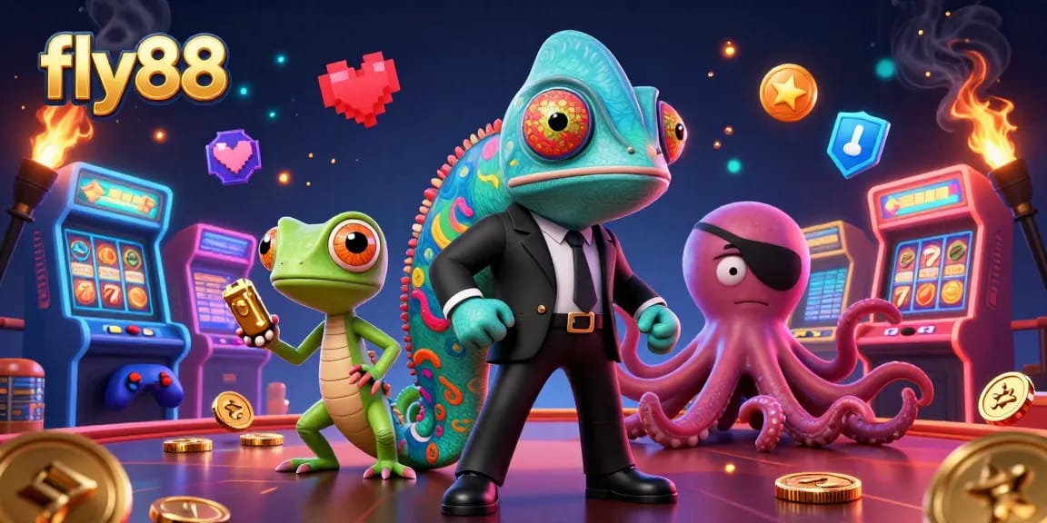 Fly88 attracts players with vibrant casino-themed 3D illustration of characters and game elements.