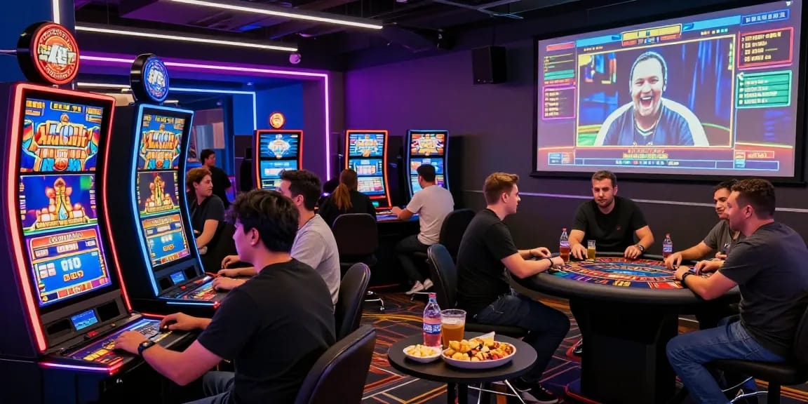 Players enjoying an exciting session at Azarlatino's online casino, engaging with live dealers and colorful slot machines.