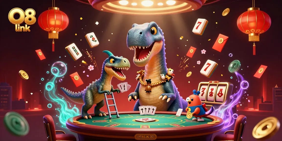 Experience the vibrant O8 link casino excitement with a giant brontosaurus and clever raptor amidst slot reels and golden tokens.