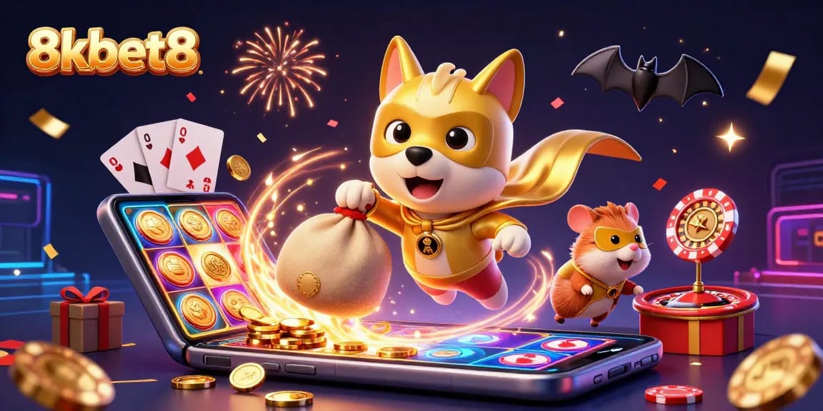 8kbet8 Superhero dog and sidekick celebrate wins with slot games and poker chips in vibrant illustration