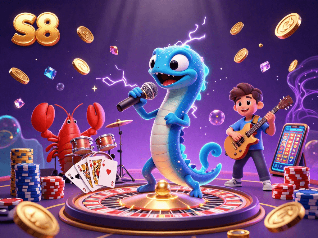 S8 Casino image featuring an electric eel DJ with dazzling casino elements, embodying the thrill of online gaming.