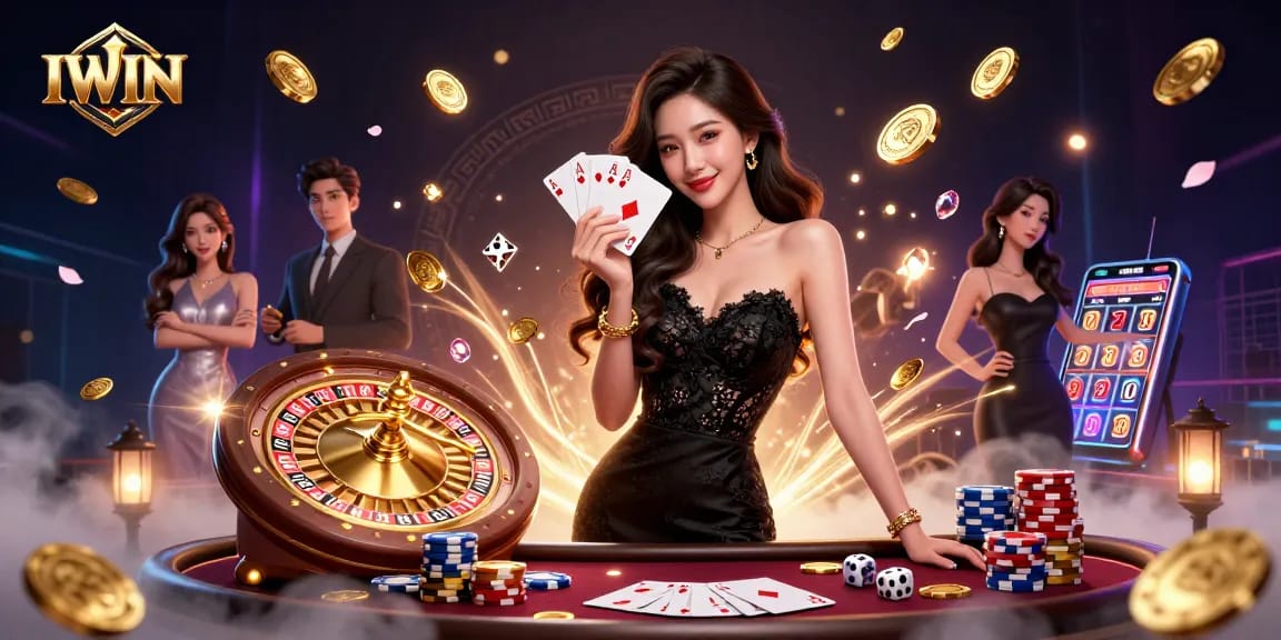 Experience the thrill of IWIN with elegant casino games and high-stakes action, featuring vibrant characters.