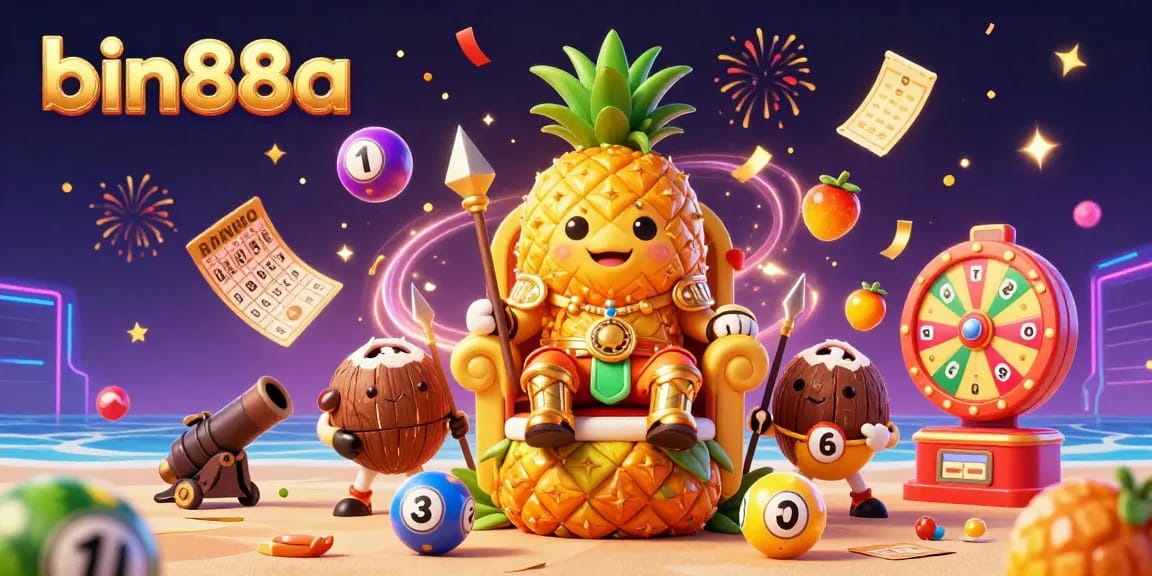 Experience thrilling gameplay at bin88a with a vibrant illustration of characters in a beach casino surrounded by colorful gambling elements.