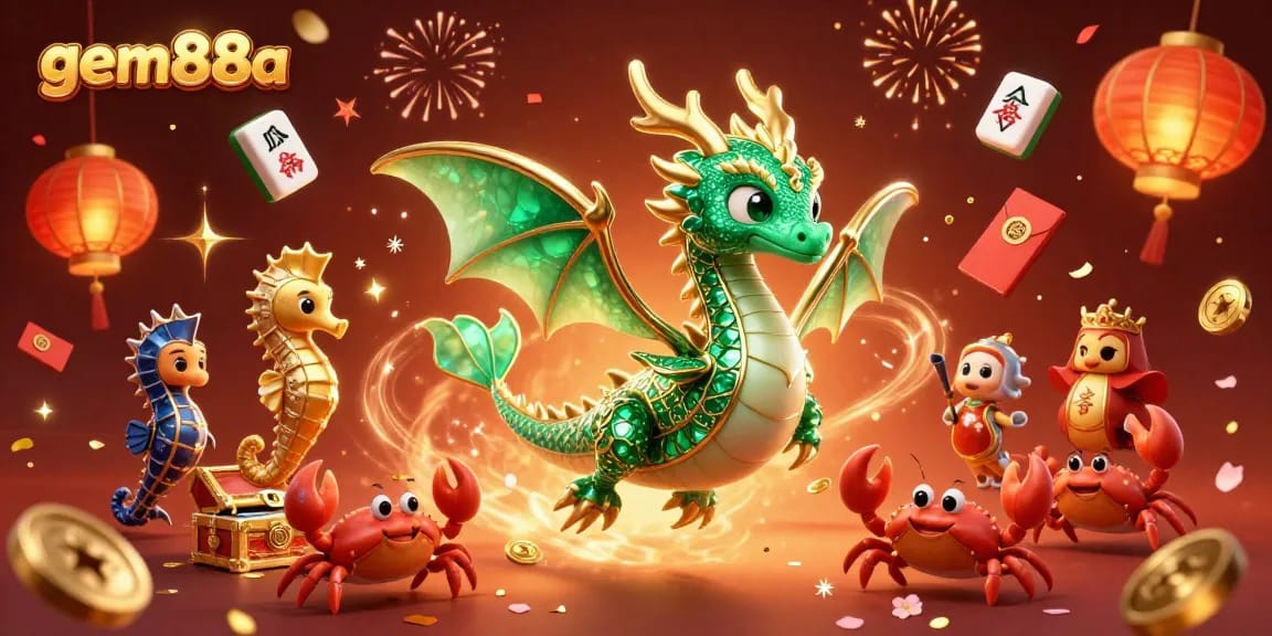 Engage in thrilling games at gem88a with vibrant 3D elements, including a majestic emerald sea dragon and glowing mahjong tiles.