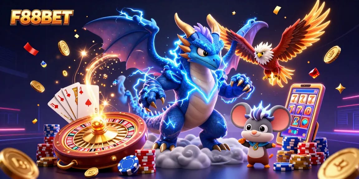 Play thrilling games at F88BET with an exciting scene featuring dynamic casino elements and characters.