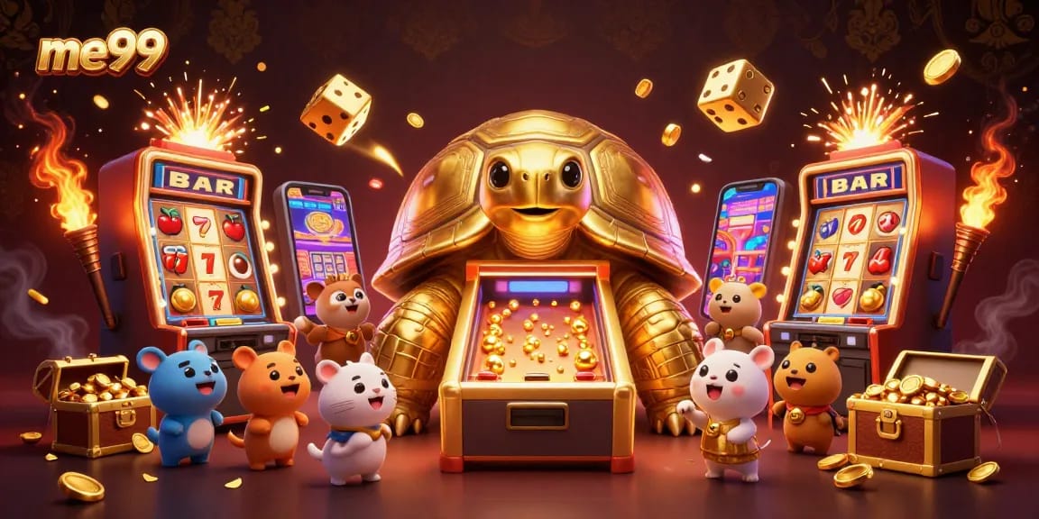 Experience thrills at me99, a lively casino scene featuring diverse games and vibrant golden rewards.