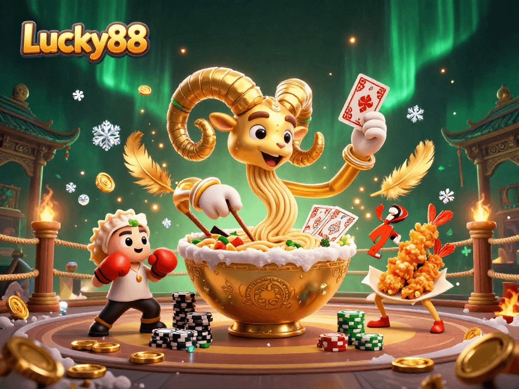 Lucky88 presents a vibrant 3D scene with a golden ramen bowl dealing cards, amidst a dynamic casino atmosphere.