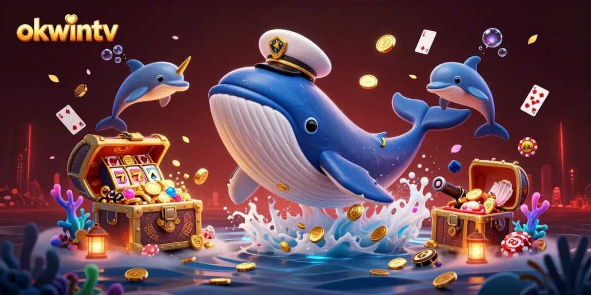 Experience exciting gambling with okwintv as a cartoon whale breaches through treasures in a dynamic casino scene.