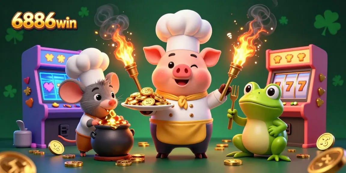 Engage with 6886win's vibrant atmosphere featuring a cartoon chef pig, sous-chef mouse, and food critic frog among golden coins.