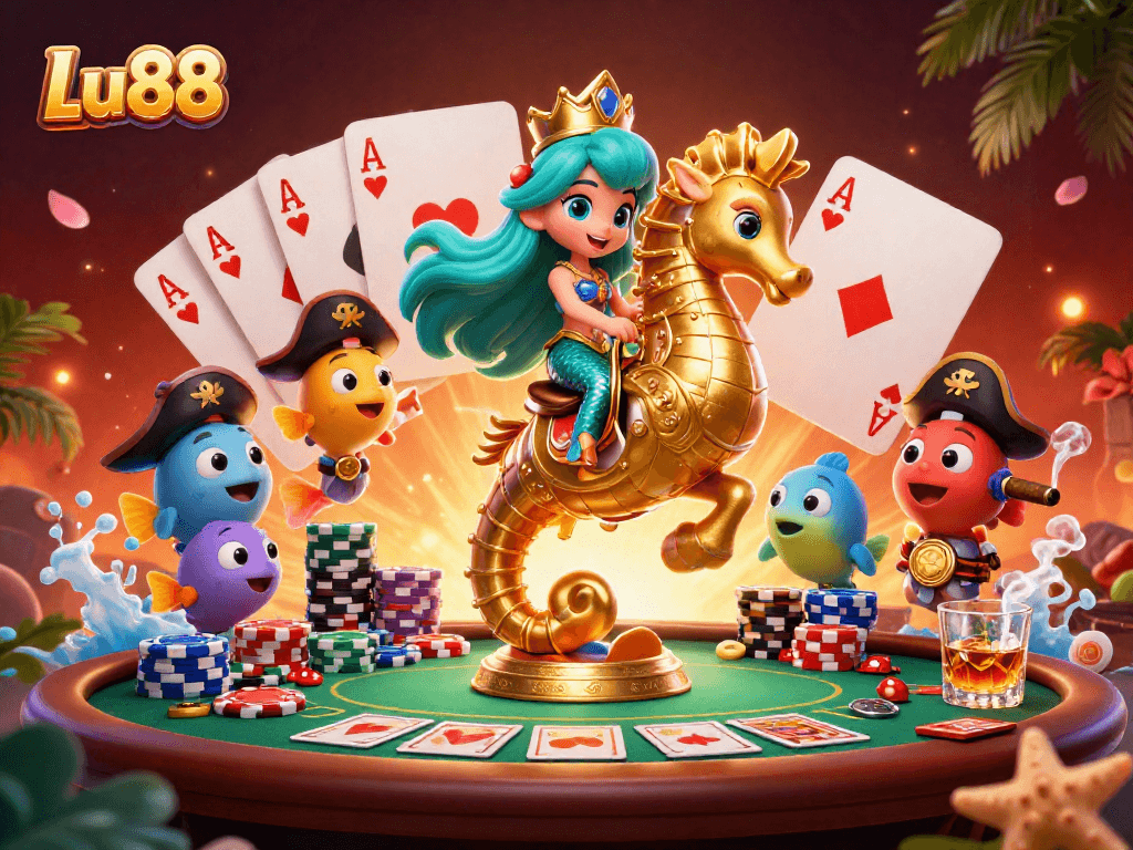 Experience the thrilling world of Lu88 with a mermaid princess orchestrating an exciting poker scene.