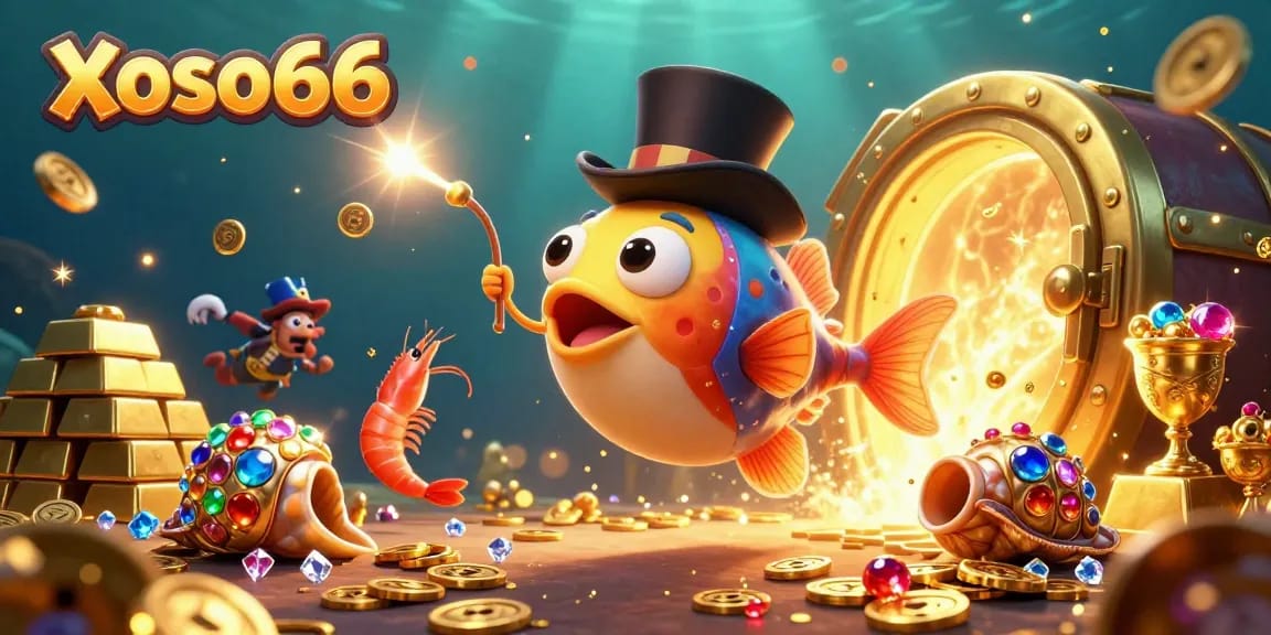 Xoso66 showcases an anglerfish, pirate shrimp, and a treasure snail in a vibrant underwater casino scene.