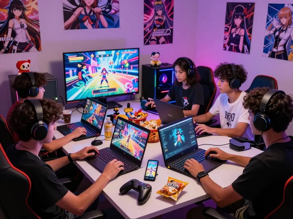 Group of gamers playing engaging hentai games in a vibrant gaming room.