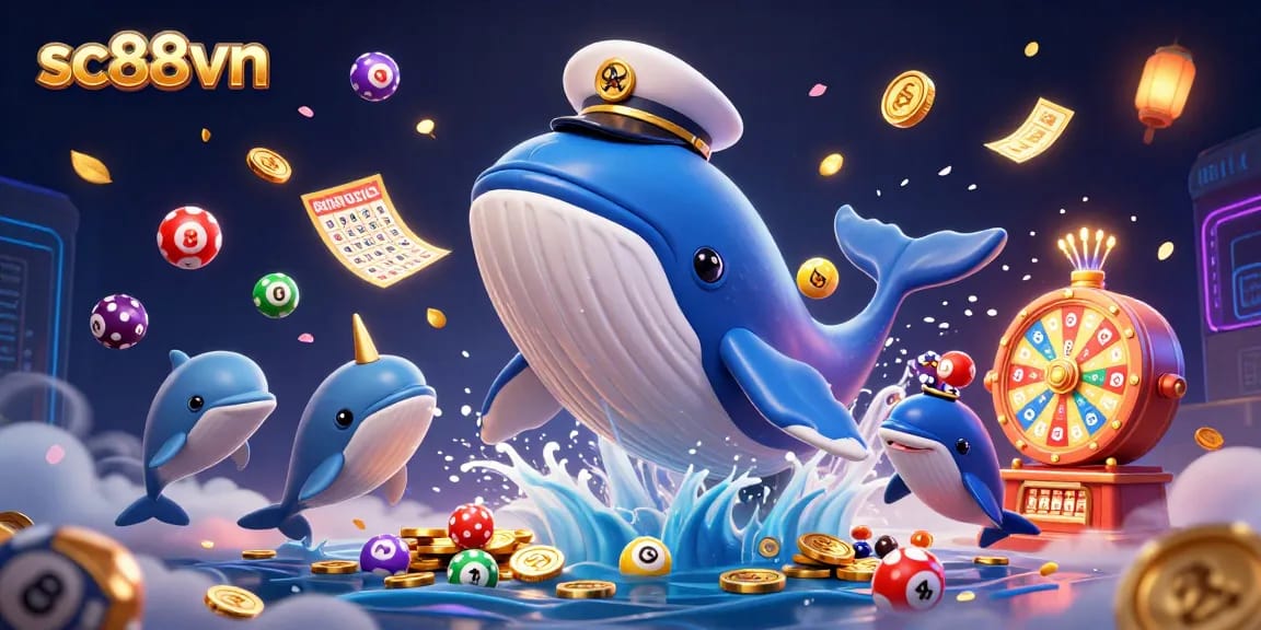 Engage with the vibrant world of sc88vn as the captain whale breaches through coins, surrounded by lively lottery elements.