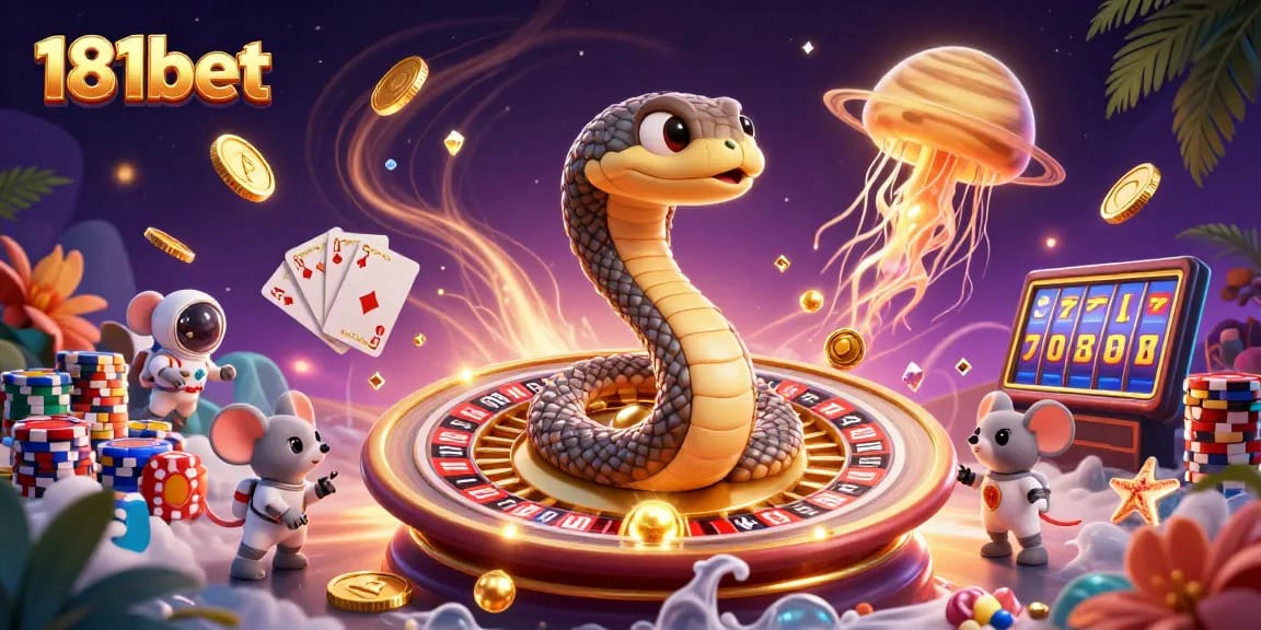 Interact with 181bet at a cosmic casino with thrilling action and vibrant energies in this 3D illustration.