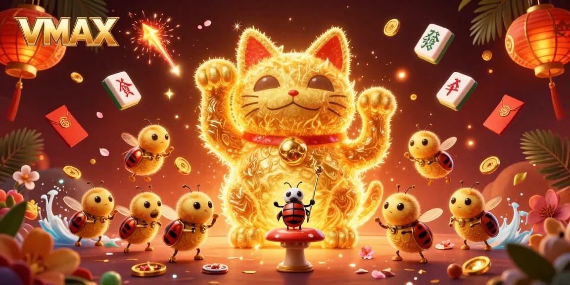 Spin and win at VMAX with our lucky cat surrounded by glowing casino symbols.