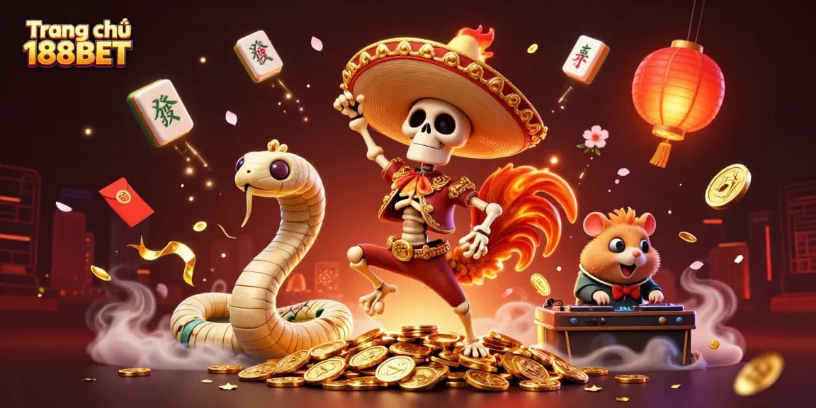 Experience the thrill of winning at Trang chủ 188BET with dynamic characters and festive casino elements.