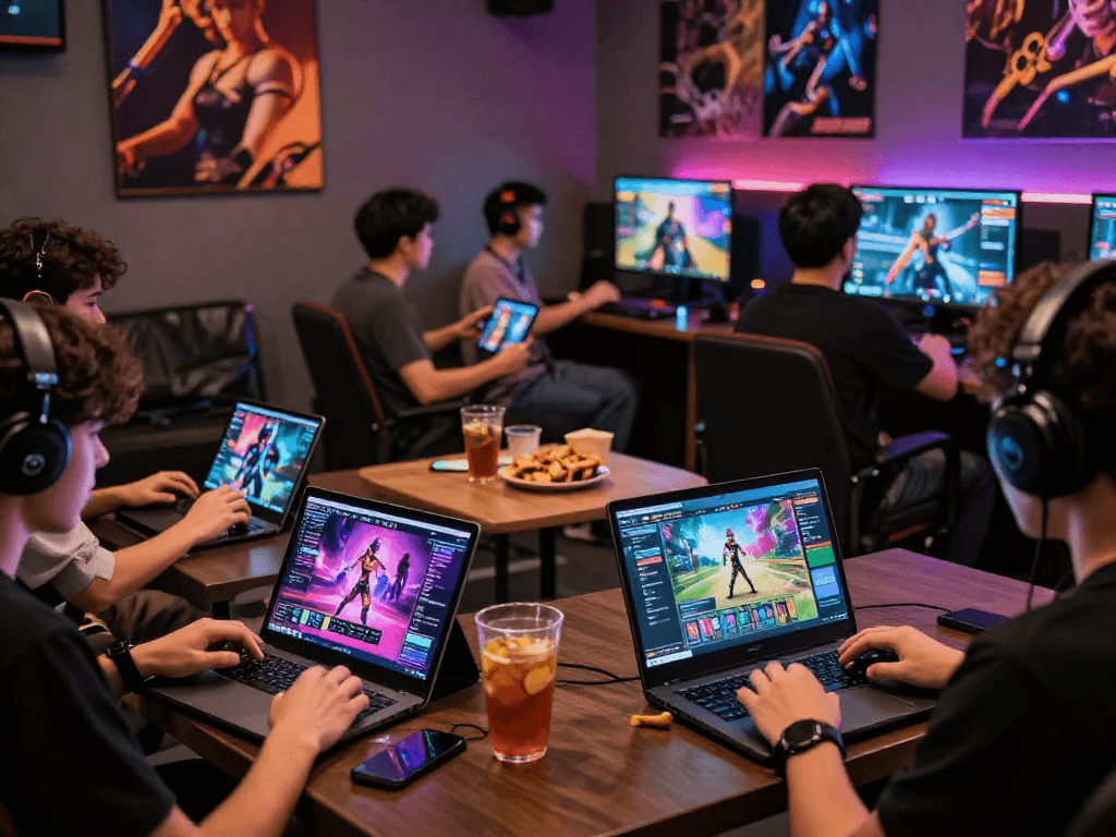 Engaged players enjoying a porn game online in a lively gaming lounge.