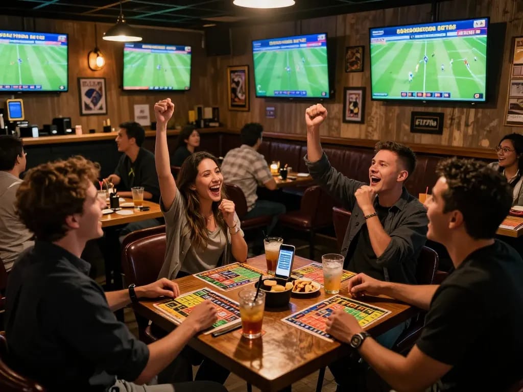 Bóng đá Bet168 betting enthusiasts cheering and placing bets in a vibrant sports bar atmosphere.