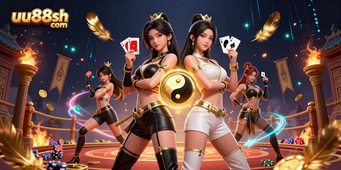Engage in thrilling gameplay at uu88sh com with stunning twin characters poised for action in a vibrant casino setting.