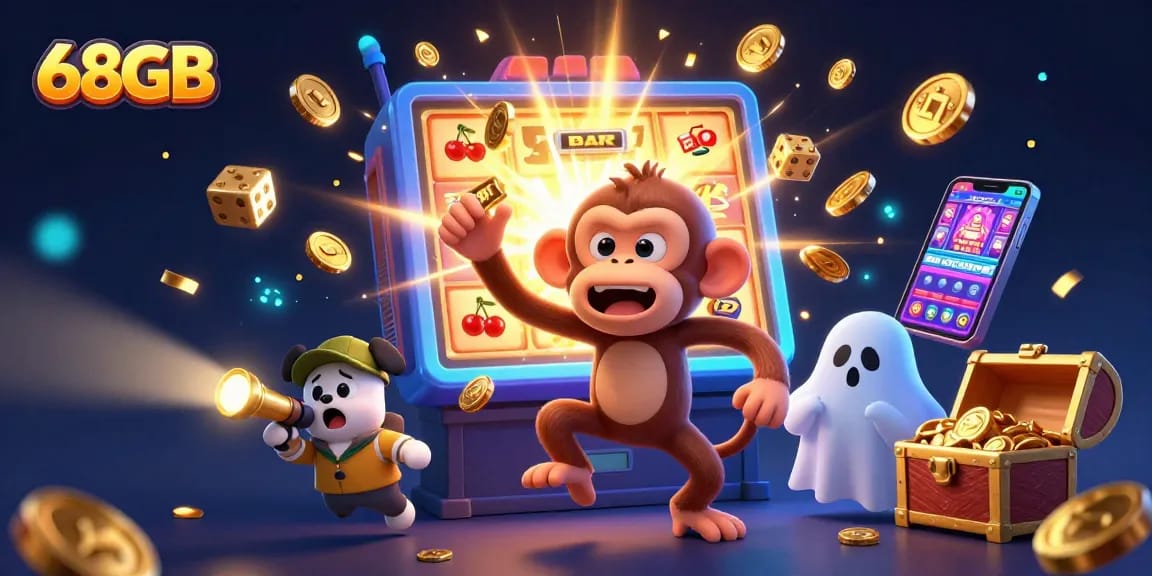 Experience the excitement of 68GB with a playful poltergeist monkey in a colorful casino scene.