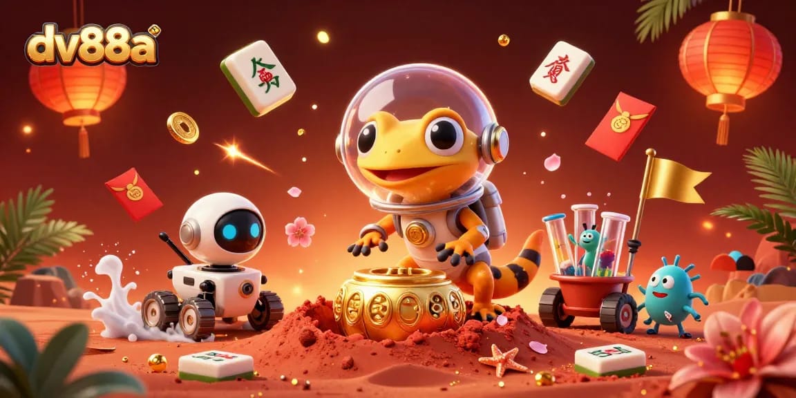 Engage in vibrant gaming action at dv88a's unique Martian casino with golden treasures amidst festive elements.