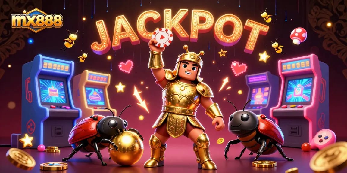Experience the thrill of mx888 with a victorious beetle lifting a poker chip, surrounded by vibrant casino elements.