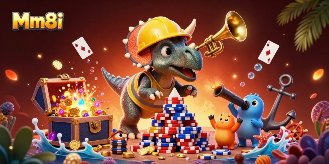 Engaging Mm8i casino scene with dynamic characters celebrating gaming wins amidst colorful elements