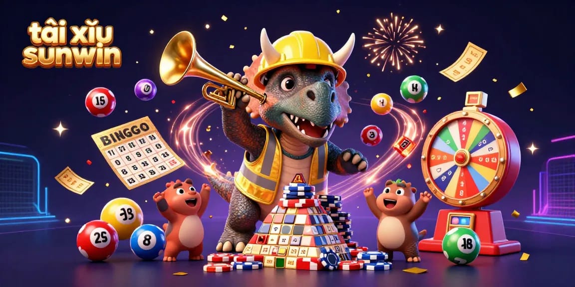 Experience the excitement of tài xỉu sunwin with lively dinosaurs celebrating in a colorful casino scene.