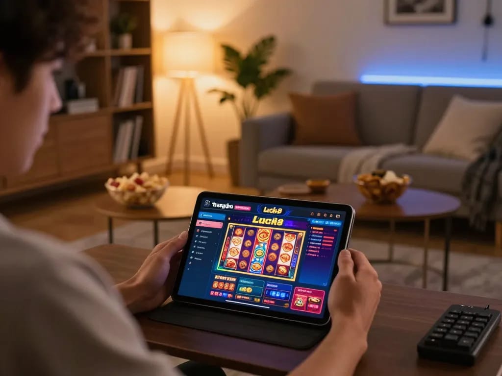 Engaging with the trang chủ luck8 online casino platform on a tablet in a cozy home setting