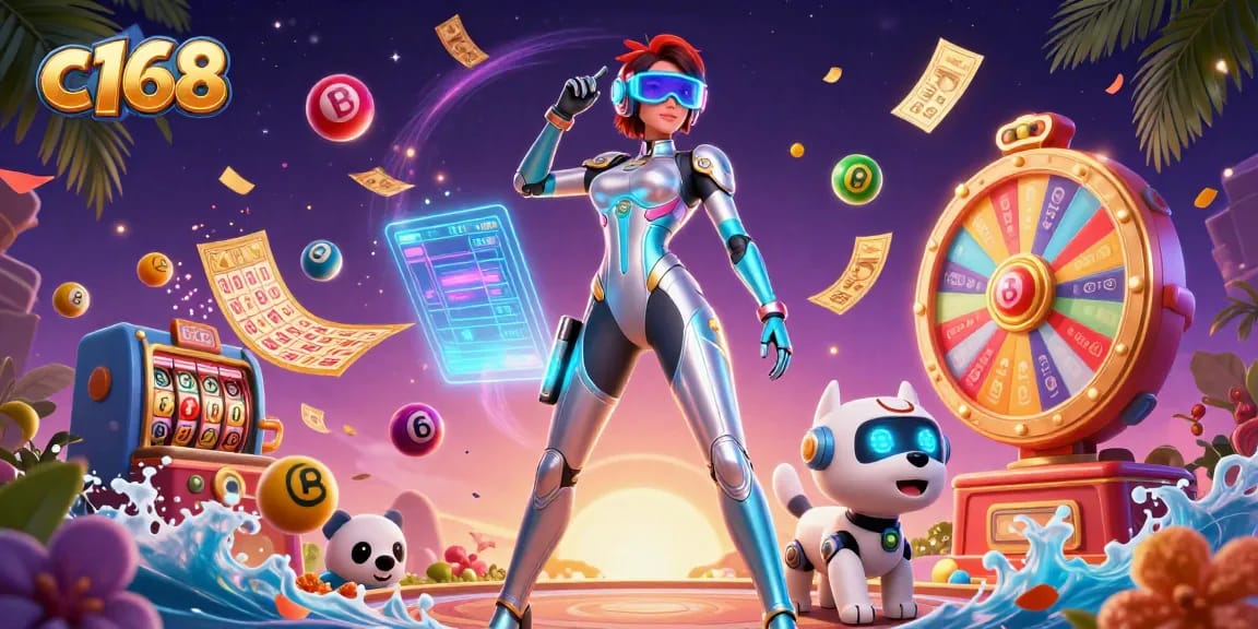 A captivating scene showcasing c168-themed gambling excitement with a futuristic character and playful elements.