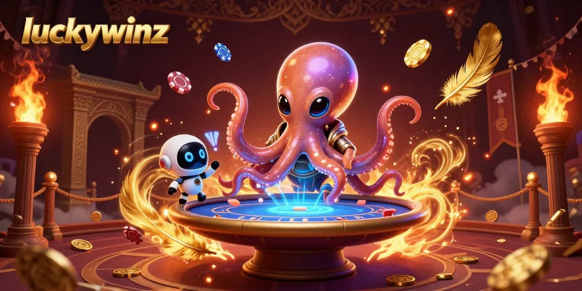 Play poker with luckywinz in an exciting cosmic scene featuring an alien octopus and robot.