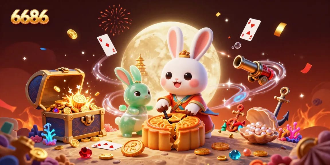 Experience the excitement of 6686 with this vibrant casino moon rabbit illustration filled with poker chips and festive elements.