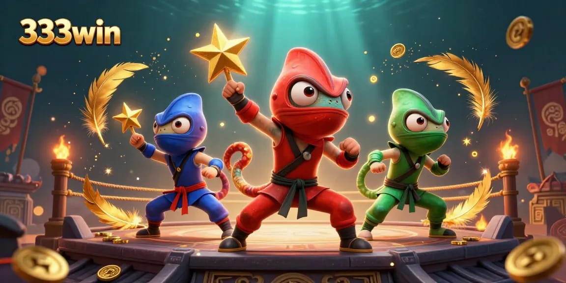 Engage with the dynamic 333win scene featuring ninja chameleons and casino elements, showcasing excitement and vibrant gameplay.