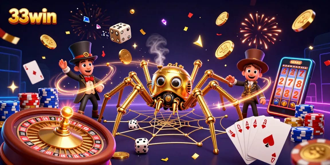 Engage with the thrilling world of 33win as a steampunk spider ensnares dice amidst casino riches.