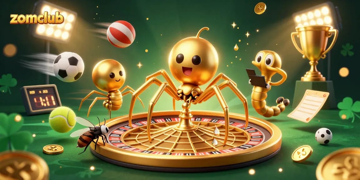 Experience the thrill of zomclub as a cartoon golden spider spins a roulette wheel, fulfilling your betting desires.