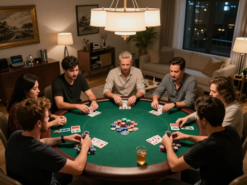 Players enjoying a home poker game at FUN79 com with chips and cards on the table