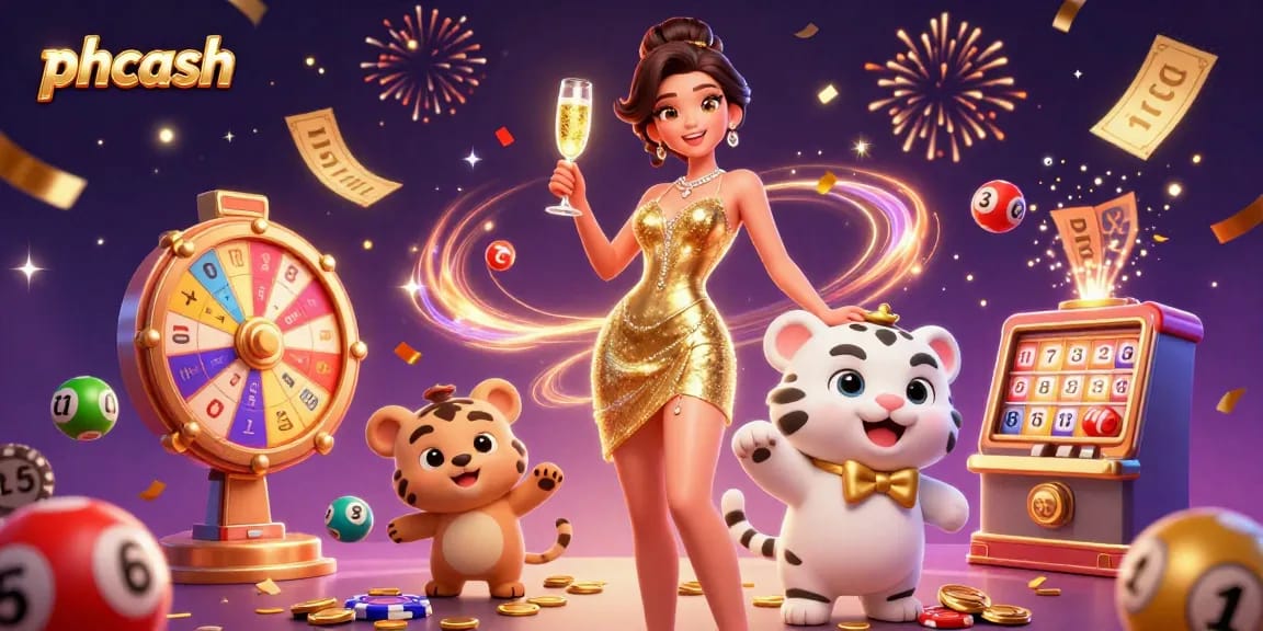 Experience fun at phcash with a glamorous character and lucky tiger amid vibrant casino elements.
